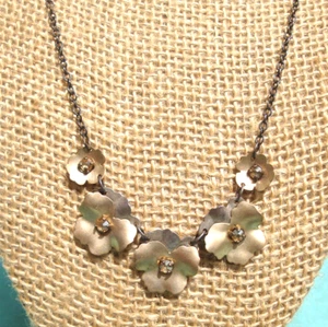 Holly Yashi Gold Tone Bronze Garden Pansy Flower Necklace Crystals Cottage Core - Picture 1 of 7