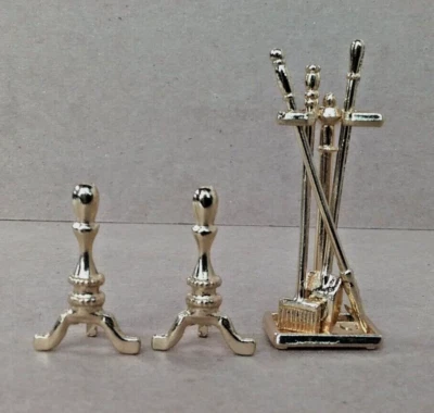 Dollhouse Miniature Classics Bright Gold Fireplace Tools Set w Andirons  1:12 - Image 1 of 4
