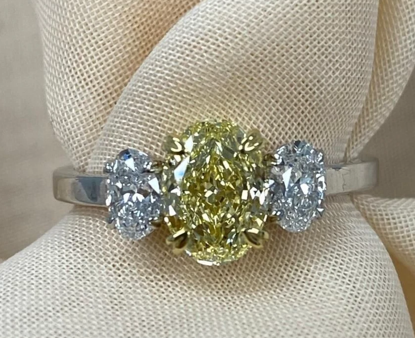 1.74Ct Oval Cut Lab Grown Fancy Vivid Yellow Diamond Three Stone Ring 14K Gold - Image 1 of 4