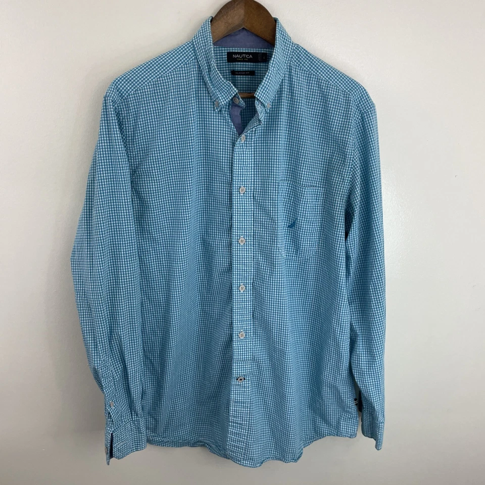 Nautica Shirt Mens Large Teal Plaid Long Sleeve Button Down 100% Cotton - Image 1 of 4