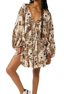Free People Mini Abito Kimono Arzel Stampato Combo Tè Donna $148 M Boho 215 - Foto 1 di 10