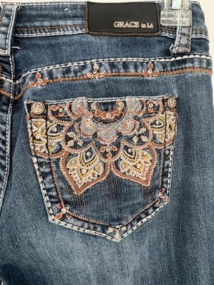 Grace In LA Distressed Jeans Size 28 Medium Wash Low/Mid Rise Inseam 32 - Image 1 of 4