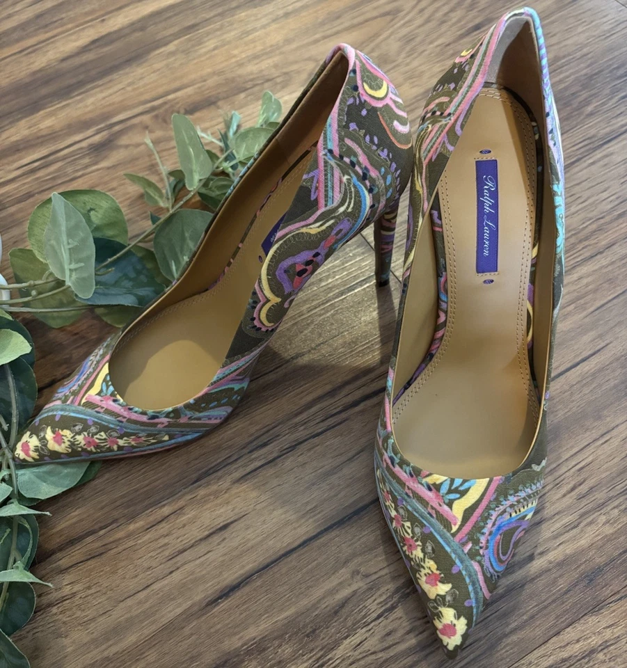 RARE Ralph Lauren Purple Label Heels Collection Celia Pumps 40B Silk Paisley - Image 1 of 4