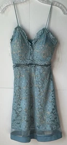 Y2K Style Blue Floral Lace Babydoll Dress Size Small Spaghetti Strap Sheer Waist - Picture 1 of 12