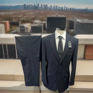 M&S Suit Navy Stripe Regular Fit Wool 2 Piece Suit C38M W36 L31 - Picture 1 of 18