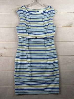 Vestido Calvin Klein Talla 12 Azul Rayas Funda Plateado Metálico Cinturón Forrado Elástico Foto 1 de 4
