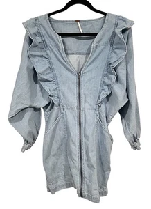 Free People Imogene Mini Dress Denim Ruffle Zip Front Belted Size Small - Picture 1 of 19