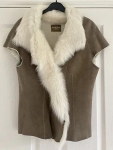 Real Shearling Gilet Sheepskin Vest Toscana Suede Brown Taupe White M 12 40 US6 - Picture 1 of 7