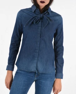 Armani Jeans Stretch Denim Shirt with Bow Blue 8 US(44 IT) NWT $391 - Picture 1 of 4