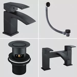 Black Bath Basin Tap Waterfall Mono Mixer Square Modern Faucet + Plug & Waste - Picture 1 of 12