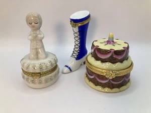 Porcelain Trinket Boxes Hinged (Set of 3) unmarked Shoe, Cake and Angel - Picture 1 of 5