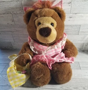 Vintage 1988 Dakin Girl Teddy Bear Tag 13" Plush Stuffed Animal w/Basket Bow - Picture 1 of 11