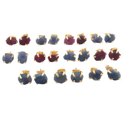 Lot 11 Pairs Genuine Rough Look Sapphire Ruby Brass Gold Plated Birthstone Studs - Image 1 of 3