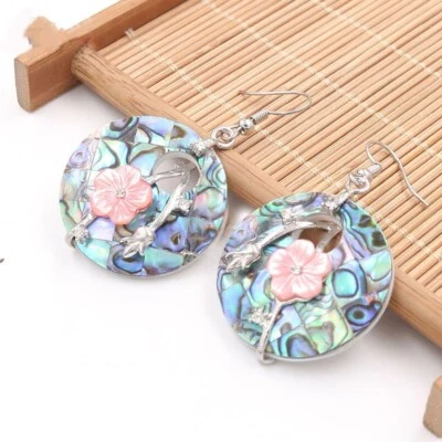 Genuine Abalone Shell Flower Carved Shell Gems Silver Dangle Hook Earrings Woman - Image 1 of 4