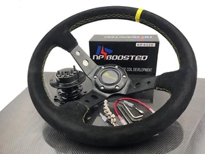 Universal 350MM Steering Wheel Suede Leather Yellow Stitch 4" Dish Drift Spec ++ - Picture 1 of 3