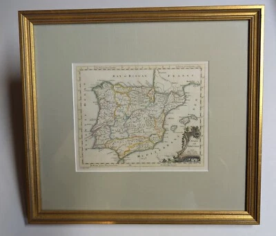 Mapa antiguo enmarcado de Portugal y España por el grabador Thomas Jefferys c. 1766 Foto 1 de 4