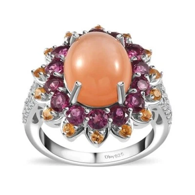 Anel Sunburst Peach Moonstone, Multi Gemstone em Platina Sobre SS 8,10 ctw Tam 7 - Imagem 1 de 4