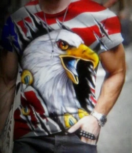 Patriotic tshirt mens polyester XL 42. Eagle. Flag Double sided Free shipping - Picture 1 of 6