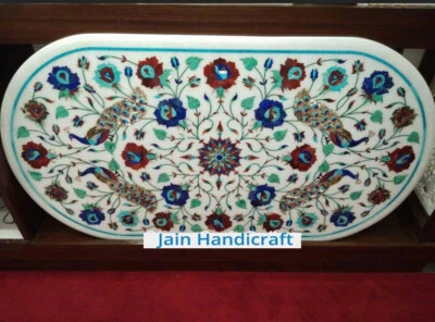 4'x2' White Marble peacock design dining sofa Table Top Inlay lapis pietra dura - Image 1 of 4