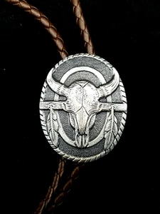 Bolo Tie IVAN Pewter Steer Western Brown Braided Leather Lariat Necklace w/Tips - Picture 1 of 5