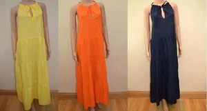 New M&S Collection Beach Cotton High Neck Midaxi Navy Yellow Orange Dress - Picture 1 of 15