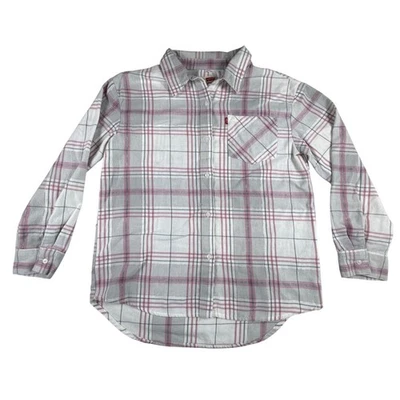 Kids Levi's Plaid Flannel ShirtButton Up Sparkle Pink Grey White Size 14/16 - Image 1 of 4