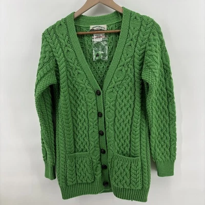 Aran Crafts Sweater Womens XS Green 100% Merino Wool Cable Knit Cardigan Ireland - Image 1 of 4