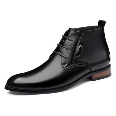 Men's Dress Uniform Ankle Shoes High Top Lace Up Genuine Leather Warm Flat Boots - Image 1 of 4