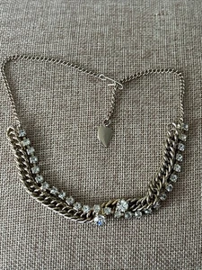Vintage Gold Tone Necklace Rhinestone Choker Retro Elongated Heart Hang Tag - Picture 1 of 11