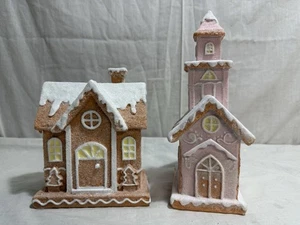2 Sugar Glitter Gingerbread House Village Pieces Including A Church And House - Picture 1 of 9