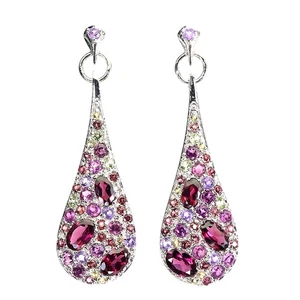 925 Sterling Silver Earrings Oval Rhodolite 6x4mm Amethyst Gemstone Jewelry - Picture 1 of 13