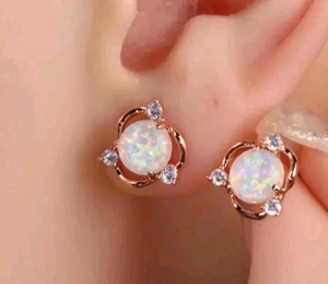 Round Opal Stud Earings With Zirconia Choice of Colour - Picture 1 of 7