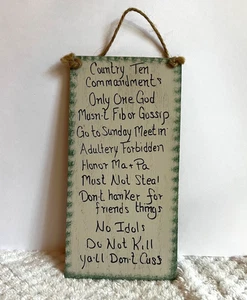 Country 10 Commandments Sign Handmade Wood Cream Green Wall Hanging 8 1/2” x 4” - Picture 1 of 6