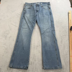 Pantalones de mezclilla Wrangler retro ajustados corte bota para hombre 32x30 azul occidental bigotes ropa de trabajo - Imagen 1 de 10