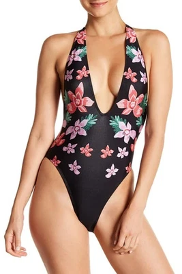 Bikini Lab Love On Trop Traje de Baño de Una Pieza XS Negro Estampado Floral Nuevo con Etiquetas Corte Alto Foto 1 de 4