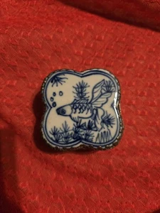 Chinese Antique Trinket Box w/ Koi Fish Porcelain White & Blue - Picture 1 of 4