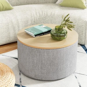 Artiss Storage Ottoman Blanket Box 60cm Linen Round Grey - Picture 1 of 7