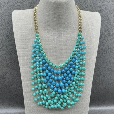 Talbots Turquoise Teal Beaded Bib Statement Necklace Gold Tone Chain Layered 24" - Image 1 of 4