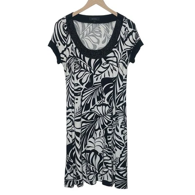KAREN KANE Dress Women L Black White Leaf Print Coconut Bead Neckline Boho Artsy - Image 1 of 4