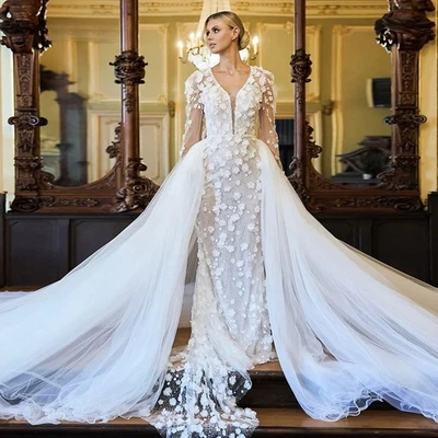 Luxury Mermaid Wedding Dresses V-Neck Long Sleeves Detachable Train Bridal Gowns - Image 1 of 4