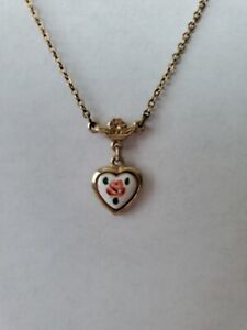 1928 Goldtone Heart Pendant Necklace With Pink And Red Flower with Green Leaves 