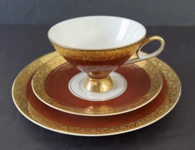 Винтажная фарфоровая чашка, блюдце и 8-дюймовая пластина Kunst Kronach Bavaria бордовая и золотистая - Изображение 1 из 4