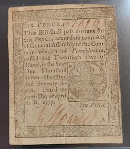 Billete de 6 peniques coloniales de Pensilvania de 1777 en estado bastante bueno, sin cancelar dinero antiguo de Estados Unidos temprano - Imagen 1 de 2