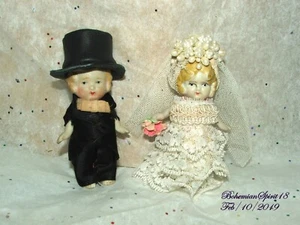 ANTIQUE JAPAN BRIDE & GROOM  BISQUE JOINTED ARMS MINIATURE 3.5'' WEDDING DOLLS - Picture 1 of 11