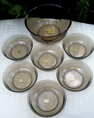 Retro ARCOROC FRANCE (7 Pc) Classic Smokey Glass SERVING BOWLS SET Kitchen -Aust - image 1 of 4