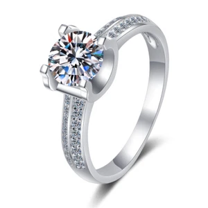 Certified 1Ct Round Cut Moissanite Engagement Wedding Ring 14K White Gold Plated - Picture 1 of 10