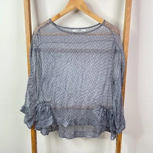 Lee Mathews Blouse Womens 3 Blue Geometric Print Sheer Ruffle Trim Long Sleeve - Picture 1 of 10