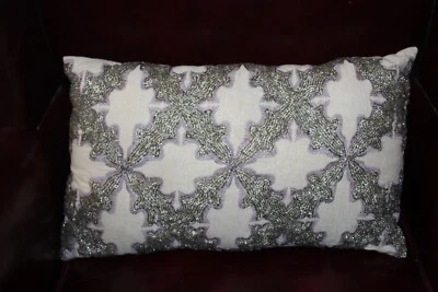 Natural Linen Blend Lavender Embroidery Silver Beaded Zippered Pillow 10" x 18" - Image 1 of 4