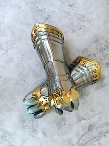 Brass Medieval Gauntlet Accents Knight Crusader Armor Steel Gauntlet Gloves Larp - Picture 1 of 5