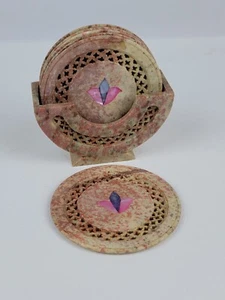Vintage Marmor mit Inlay Untersetzer Set mit Halter handgeschnitzt rosa Farbe Stein - Bild 1 von 9
